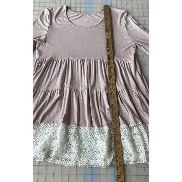 Womens Medium Pink with Ivory Lace Trim Tiered Babydoll Tunic Top - Picture 9 of 9